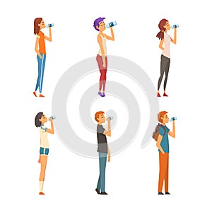 Men and women drinking water from plastic bottles set cartoon vector illustration