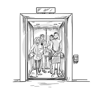 Men and women in the elevator, hand drawn vector