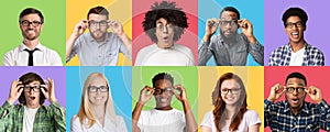 Men and women expressing different emotions wearing specs photo