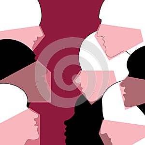 Men and women in face masks protecting  against corona virus. People profile heads. Vector background