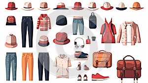 Men and women fashion clothing accessories, hats, footwear. Summer or winter outfits, fashionable casual clothes, shoes, and bags