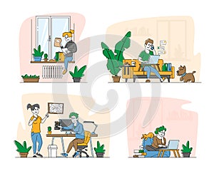 Men and Women Freelancers or Outsourced Workers Characters Working from Home on Computers. Remote Homeworking Workplace photo