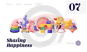 Men and Women Gaming Activity Website Landing Page. Characters Playing with Baby Toys in Kindergarten Different Playthings