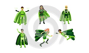 Men And Women In Green Superheroe Costumes With Ecological Signes Vector Illustration Set photo
