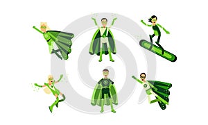 Vector Illustrations Of Men And Women In Green Superheroe Costumes With Ecological Signe photo
