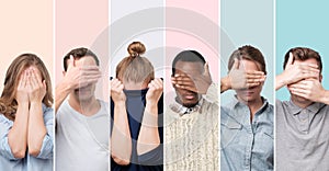 Men and women hiding face, wanting to stay anonym photo