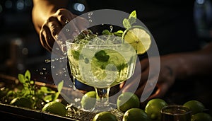 Men and women holding cocktail glasses, pouring fresh mojitos at the bar generated by AI