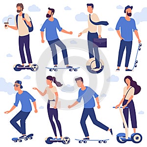 Men and women with hoverboards and skates