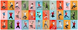Men and women jumping on multicolored background
