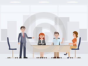 Men and women at the office meeting cartoon character. Working proses conversation.