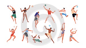 Men, women playing summer beach volleyball set. Volley ball players in action during active sport game. People in bikini