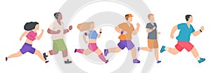 Men and women running. Cartoon people jogging. Teenagers training in sportswear. Outdoor workout or marathon. Sport