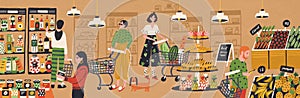 Men and women with shopping carts and baskets choosing and buying products at grocery store. People purchasing food at