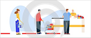 Men and women with shopping carts and baskets choosing and buying products at supermarket or grocery store