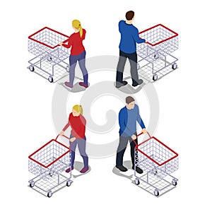 Men and women with shopping carts in isometric view.