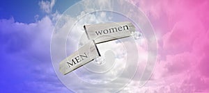 Men women sign with blue and pink sky, space for text