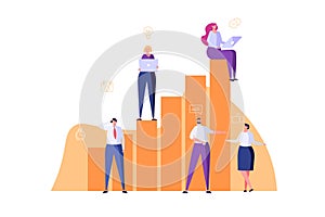 Men and women sitting and standing on growing chart. Team of people at workplace working on solution together. Concept of teamwork