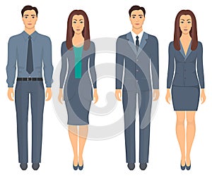 Men and women standing in full growth in formal clothes. Couples in elegant and casual clothes. Basic wardrobe. Vector illustratio