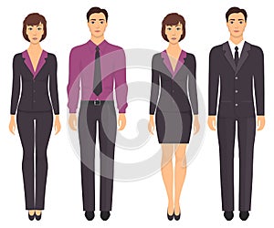 Men and women standing in full growth in formal clothes. Couples in elegant and casual clothes. Basic wardrobe. Vector illustratio