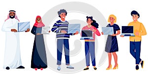 Men and women standing with laptops. Vector illustration. Internet technology team and business meeting concept