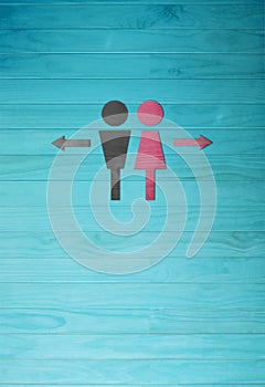 Men and Women symbol, Toilet sign. wooden wall background. illus