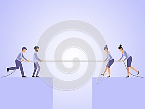 Men and women tug of war vector illustration. Business rope competition concept. Business people puling rope over the