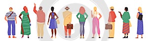 Men and women view from back, vector isolated set standing people wearing casual clothes character flat illustrations