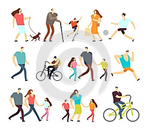 Men and women walking outdoor. Vector cartoon active characters in various lifestyles in street