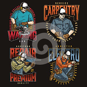 Men at work colorful emblems set