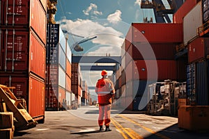 Men worker at shipping containers, Warehousing and logistic shipping cargo concept. Generative AI