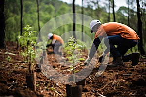 Men workers plant tree seedlings in tropical rainforest. Forest resource management. Reforestation.