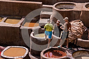 Chouara Tannery in Morocco, with round stone vessels for dyeing and softening leather in Fez el Bali
