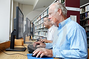 Men working on computers in library photo