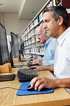 Men working on computers in library