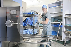 Men working on a sterilizing place in the hospital