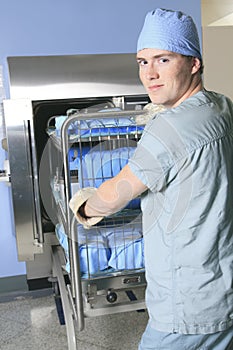 Men working on a sterilizing place in the hospital