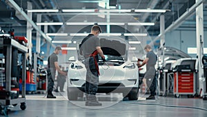 Men working on Tesla Model 3 at factory for motor vehicles