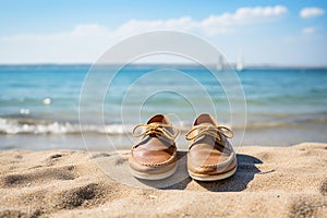 Men's shoes on the sand on the beach near the blue sea. Summer vacation concept by the sea. Generative AI