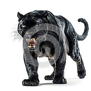 Menacing Black Panther Roaring Isolated on White Background. Generative ai