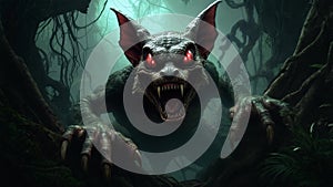 Red-Eyed Gargoyle Creature Emerging from a Dark, Misty Forest with Sharp Claws