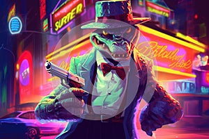 Menacing - looking crocodile, wearing a zoot suit and fedora, holding a Tommy gun and standing in front of a neon - lit nightclub