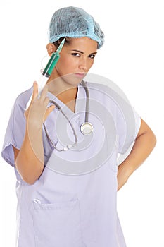 Menacing nurse holding needle