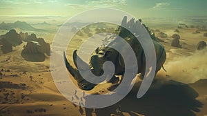 Menacing rhinoceros marching ahead of a large army. through the vast desolate landscape of the desert. By generative Ai
