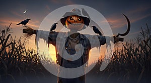 Spooky Jack-o'-Lantern Scarecrow with Crows in a Cornfield at Sunset
