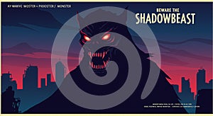 A menacing, shadowy monster with glowing red eyes and sharp teeth dominates the