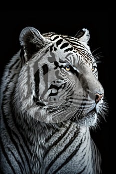 Menacing stare of a white bengal tiger. Black and white closeup portrait. The most dangerous beast shows his calm greatness.