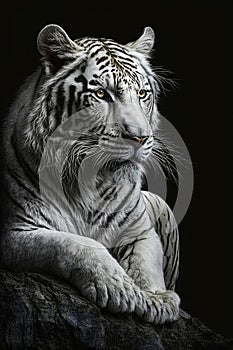 Menacing stare of a white bengal tiger. Black and white closeup portrait. The most dangerous beast shows his calm greatness.