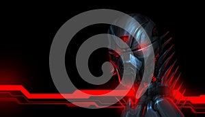 Menacing steel robot head with red lights on background photo