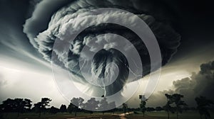 Menacing tornado in dramatic lightning storm, raw force of nature in striking depiction of disaster