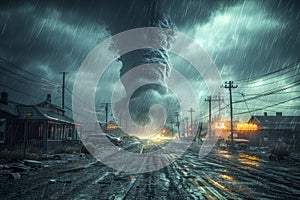 A menacing tornado looms over residential homes in a small town, its dark funnel cloud casting a shadow of fear. A photo